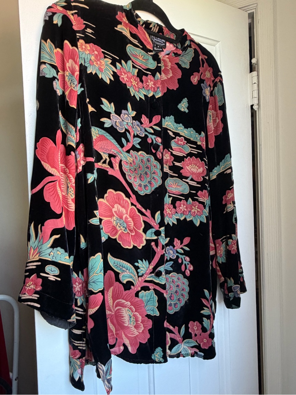 Citron Burnout Velvet Lightweight Black Jacket/Blouse w/Pink Aqua Floral S